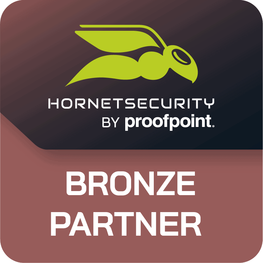 Hornetsecurity Bronze Partner badge for Hornetsecurity by proofpoint with hornet security logo.